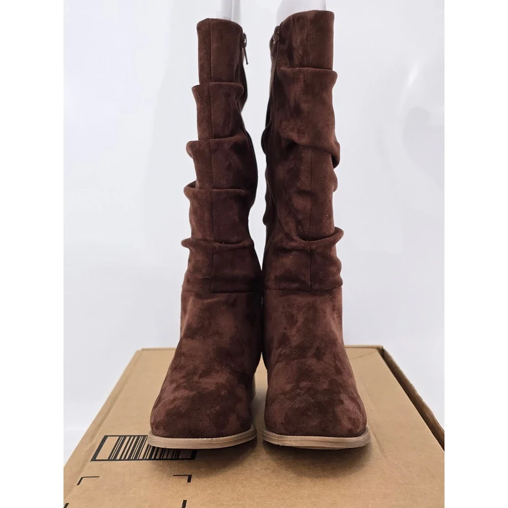 Steve Madden Tall Slouch Boots Girls Size 2 Brown Faux Suede Side Zip -Excellent